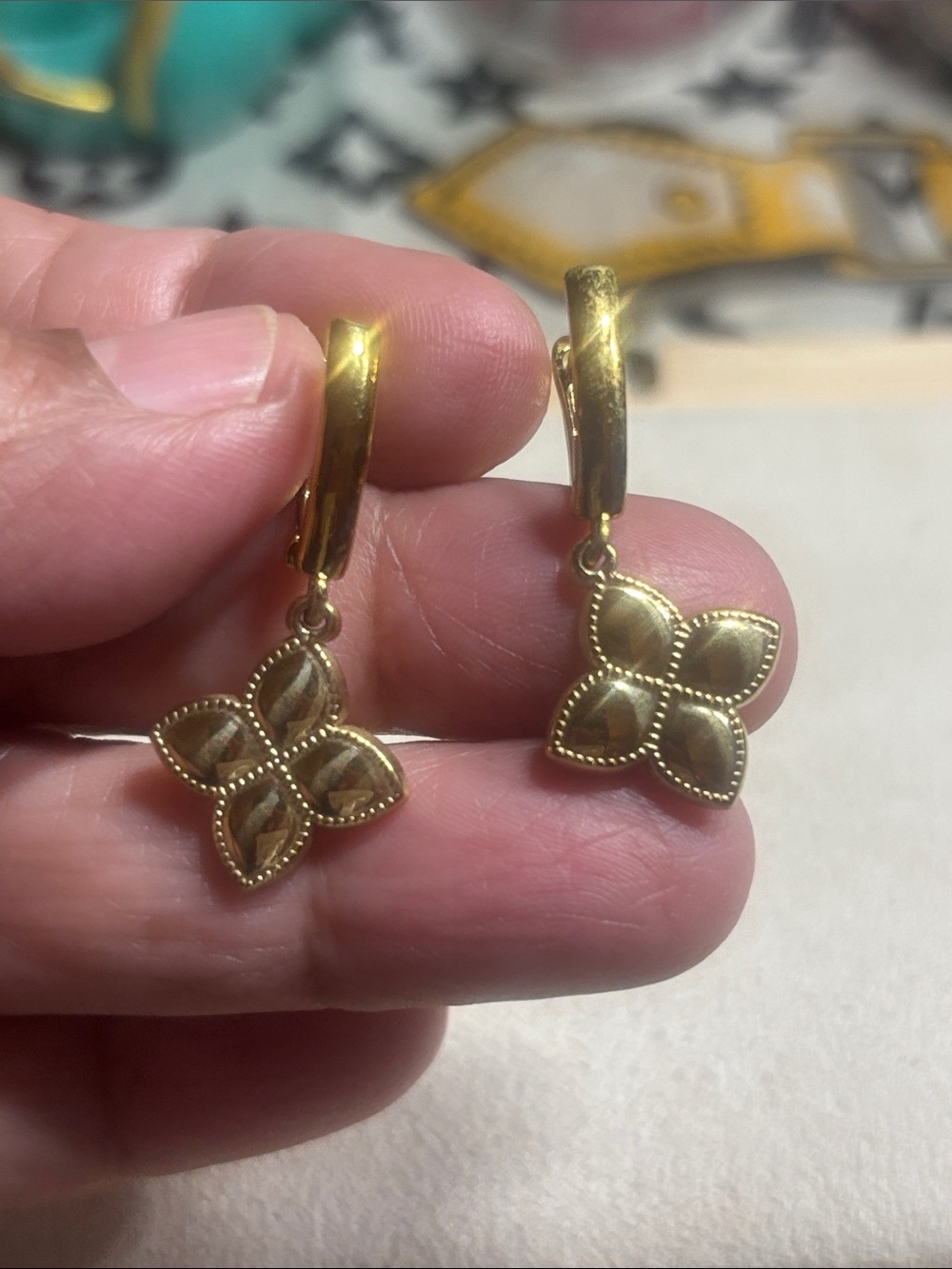 Gold Floral Drop Earrings with Beaded Edge